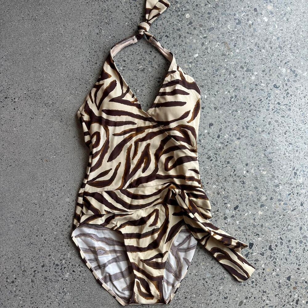 Sand N Sun Women’s M Brown Zebra Print One Piece Swimsuit Brown Tan Vintage